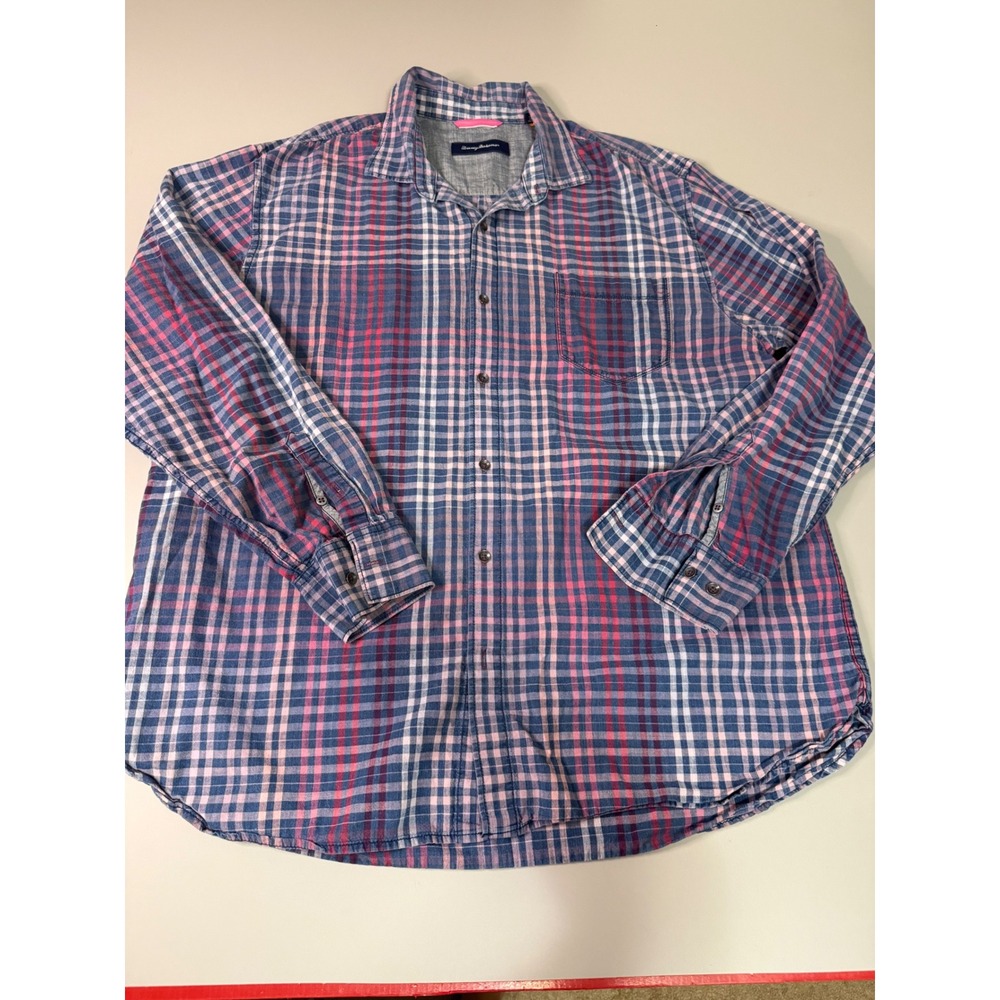 Tommy Bahama Mens XXL Plaid Button Down Shirt Blue Pink Cotton Long Sleeve